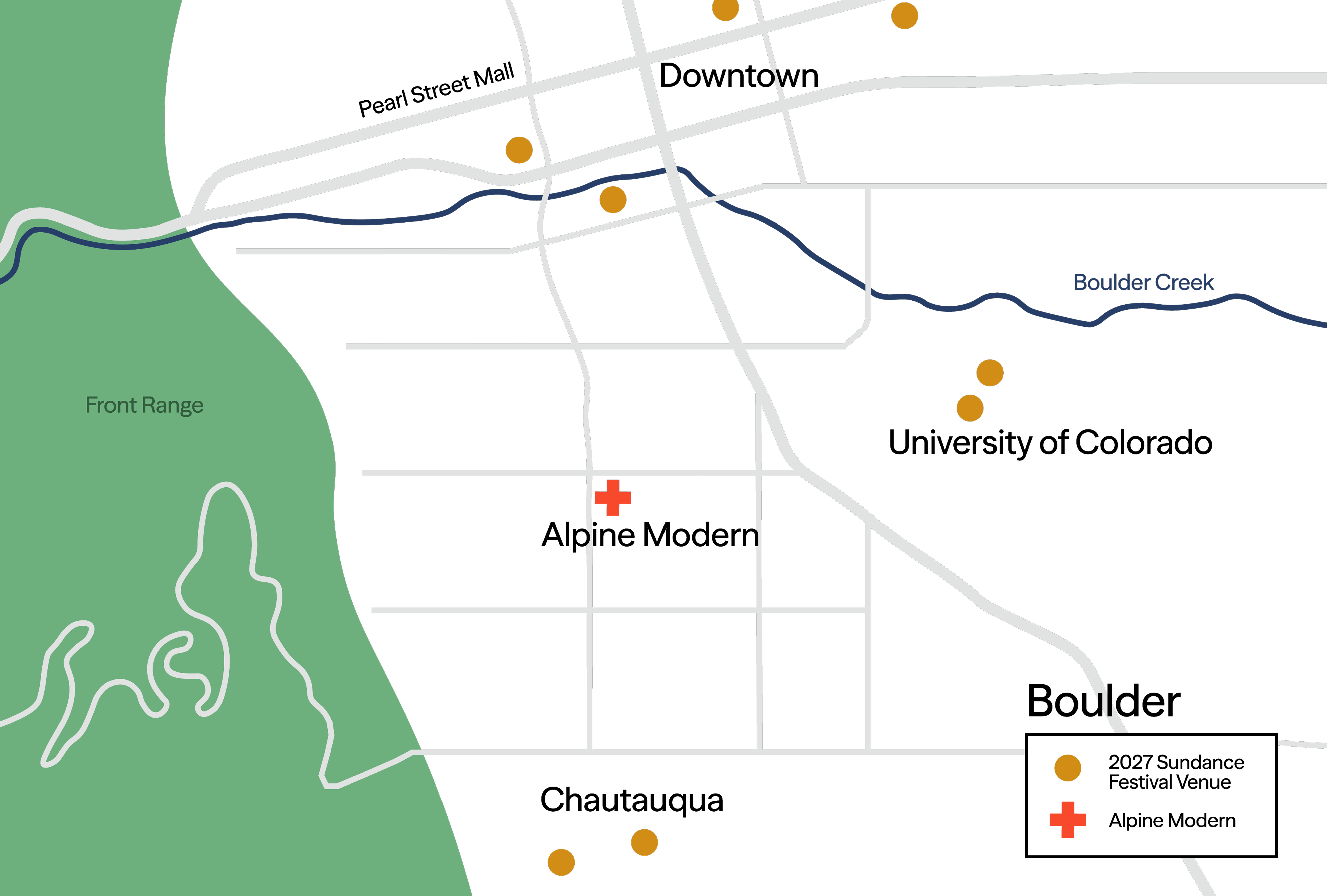Map showing Alpine Modern's location relative to downtown Boulder, CU, and Chautauqua